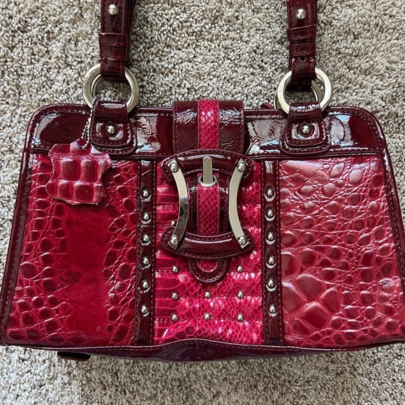 M.C. GENUINE LEATHER RED HANDBAG PURSE SHOULDER FAUX CROC SNAKE - Picture 3 of 12
